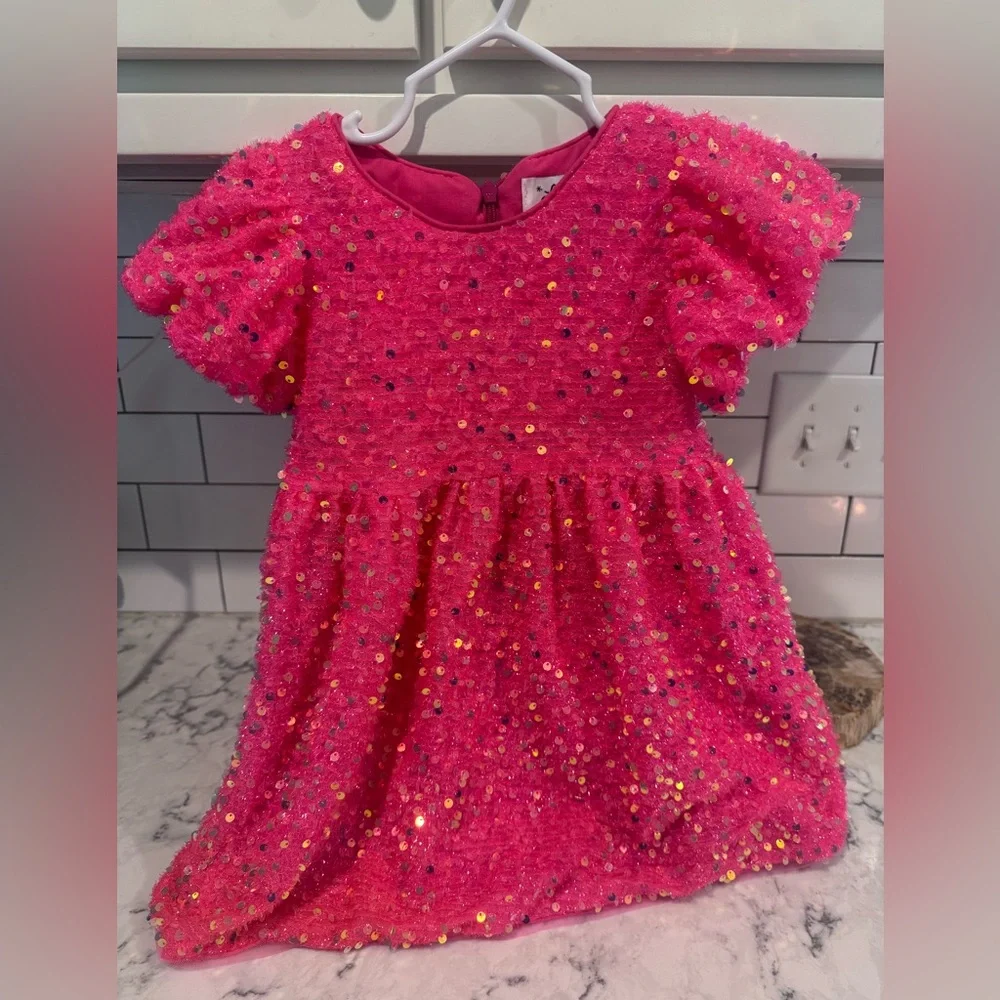 Lola and the Boys 2T Pink Sequin Puff-Sleeve Kids Dress
